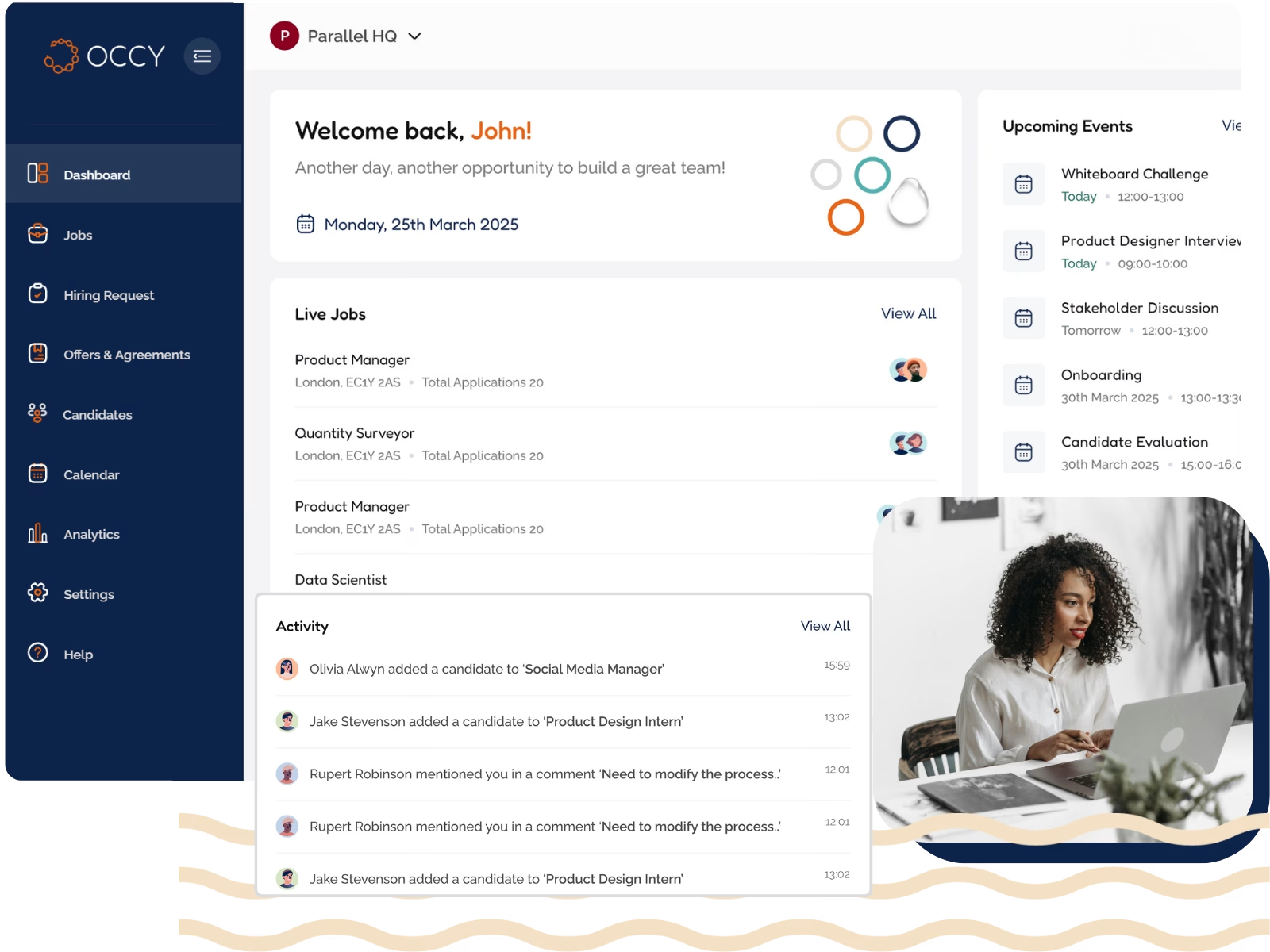 Occy ATS dashboard showing live jobs, interviews and candidate activity